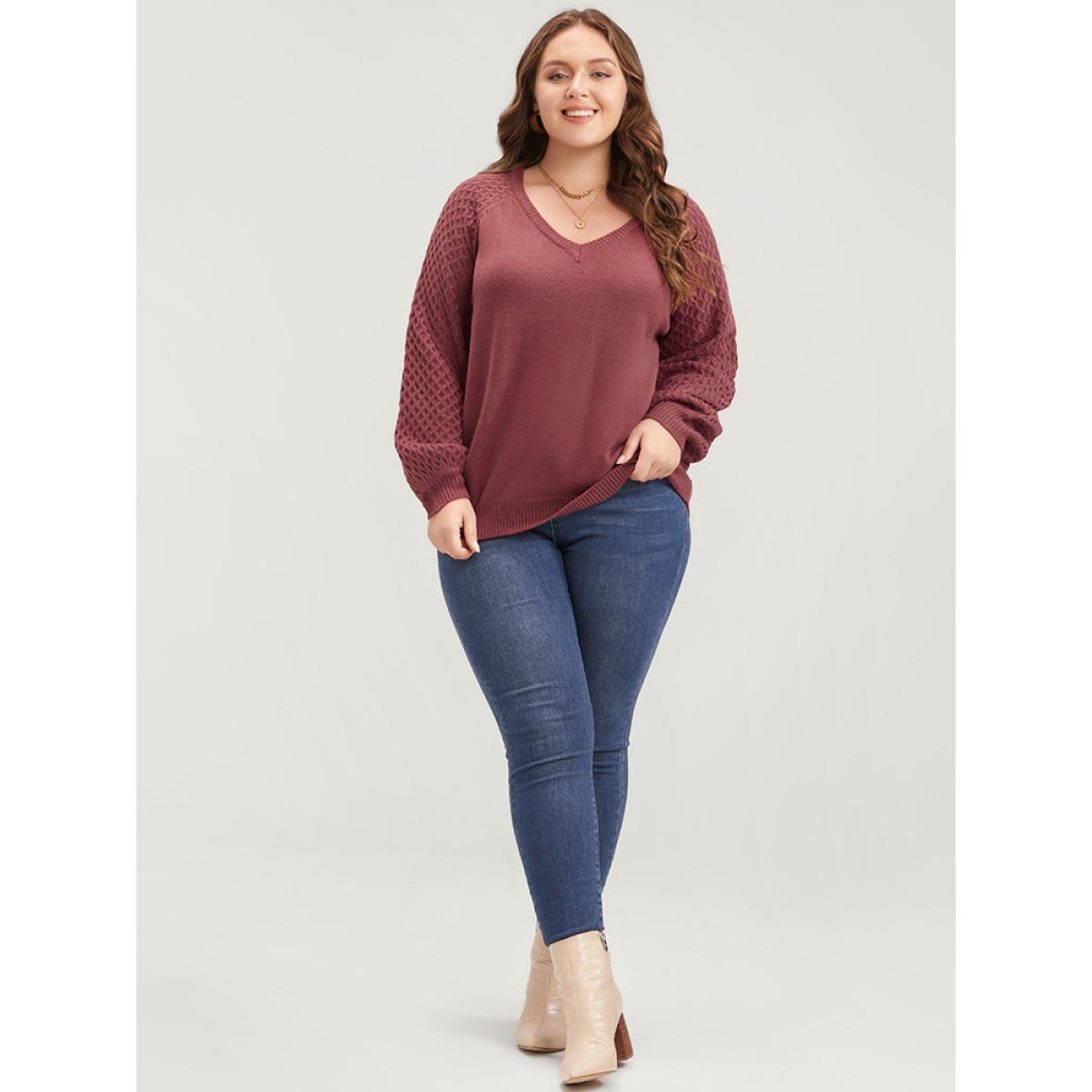 Plus Size Solid Pointelle Knit Lantern Sleeve Knit Top Russet Women Elegant Loose Long Sleeve V-neck Dailywear Pullovers BloomChic 22-24/3X Product Image