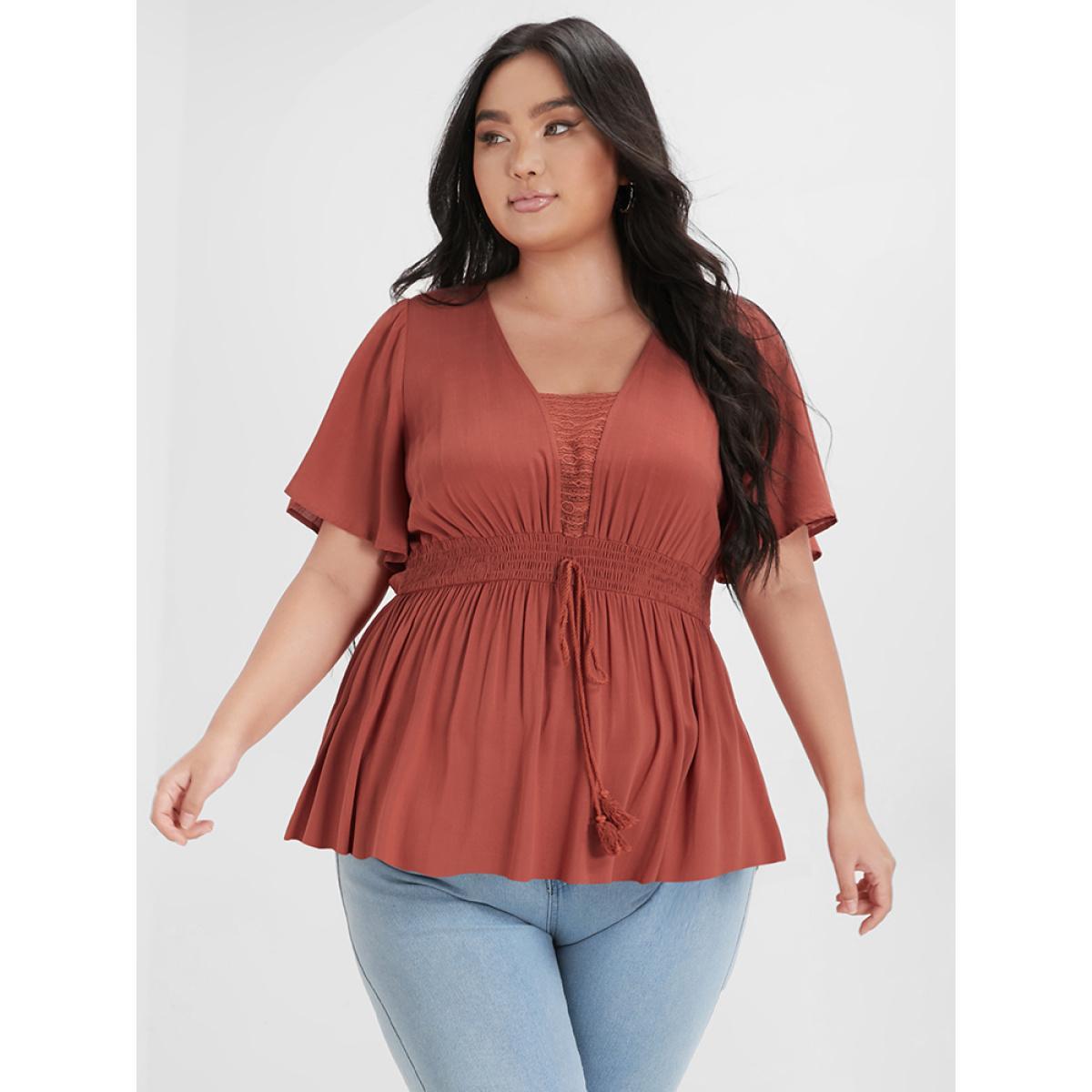 Plus Size OrangeRed Plain Ruffles Ties Shirred Crochet Lace Blouse Women Elegant Short sleeve V-neck Dailywear Blouses BloomChic 30/6X Product Image