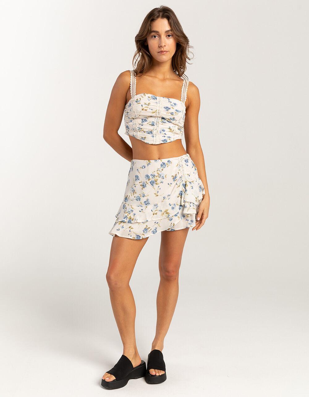 FULL TILT Cinch Ruffle Lace Trim Womens Mini Skirt - BLUE COMBO Product Image