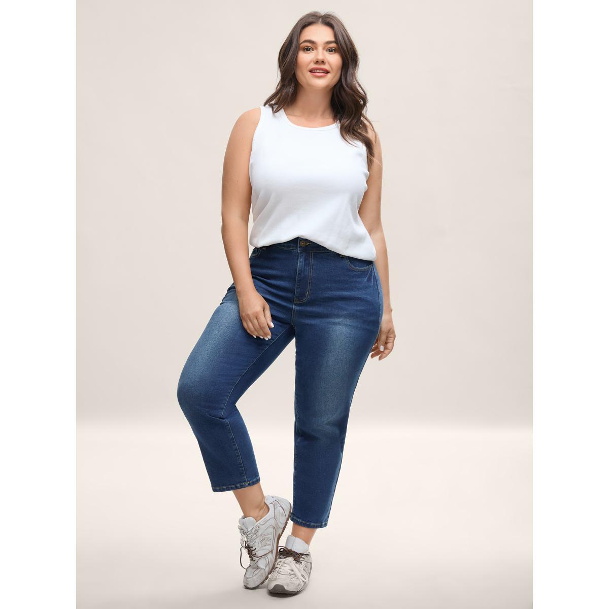 Plus Size Classic Sculpting Boyfriend Jeans Women Bluevintage Casual Medium stretch Slanted pocket Jeans BloomChic 26/4X Product Image
