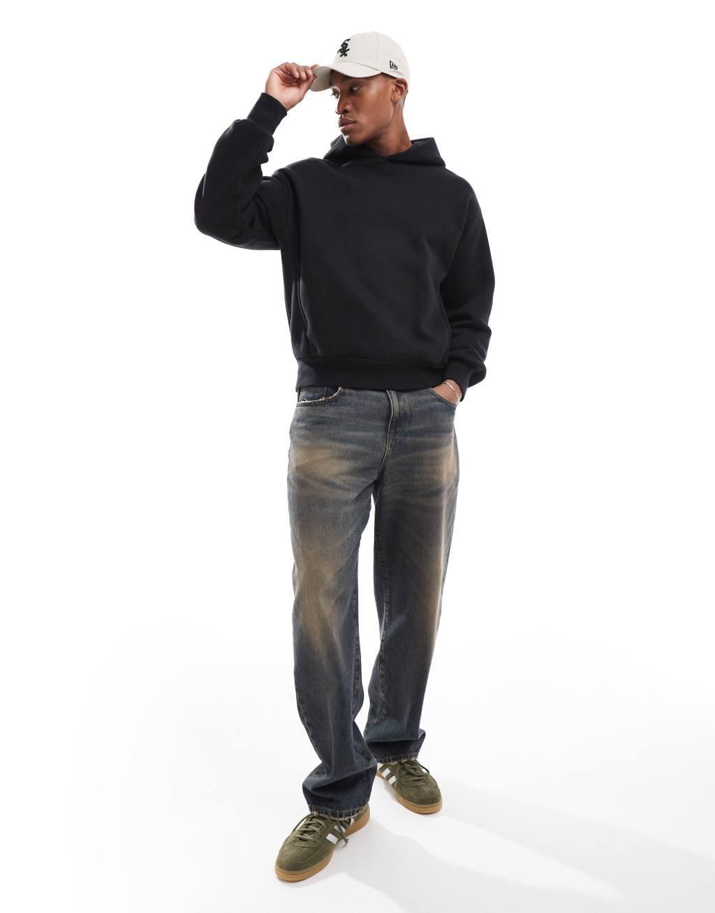 Bershka boxy tonal back print hoodie in black Product Image
