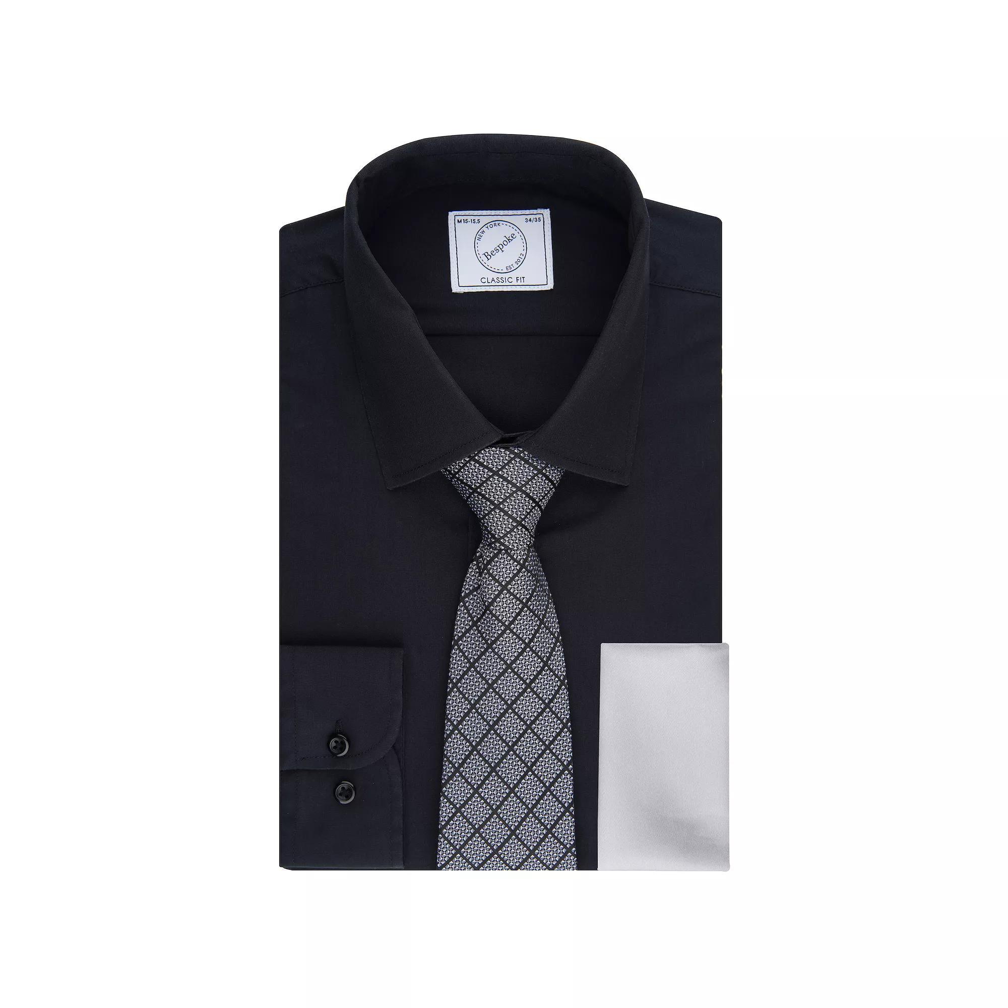 Men's Bespoke Classic-Fit Dress Shirt, Tie & Pocket Square Set, Size: XL-36/37, New Black Product Image