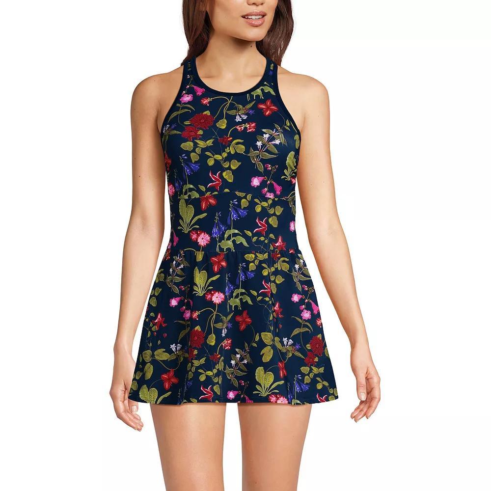 Women's Lands' End Tugless High Neck Swim Dress Swimsuit, Size: 10, Papaya Orange White Product Image