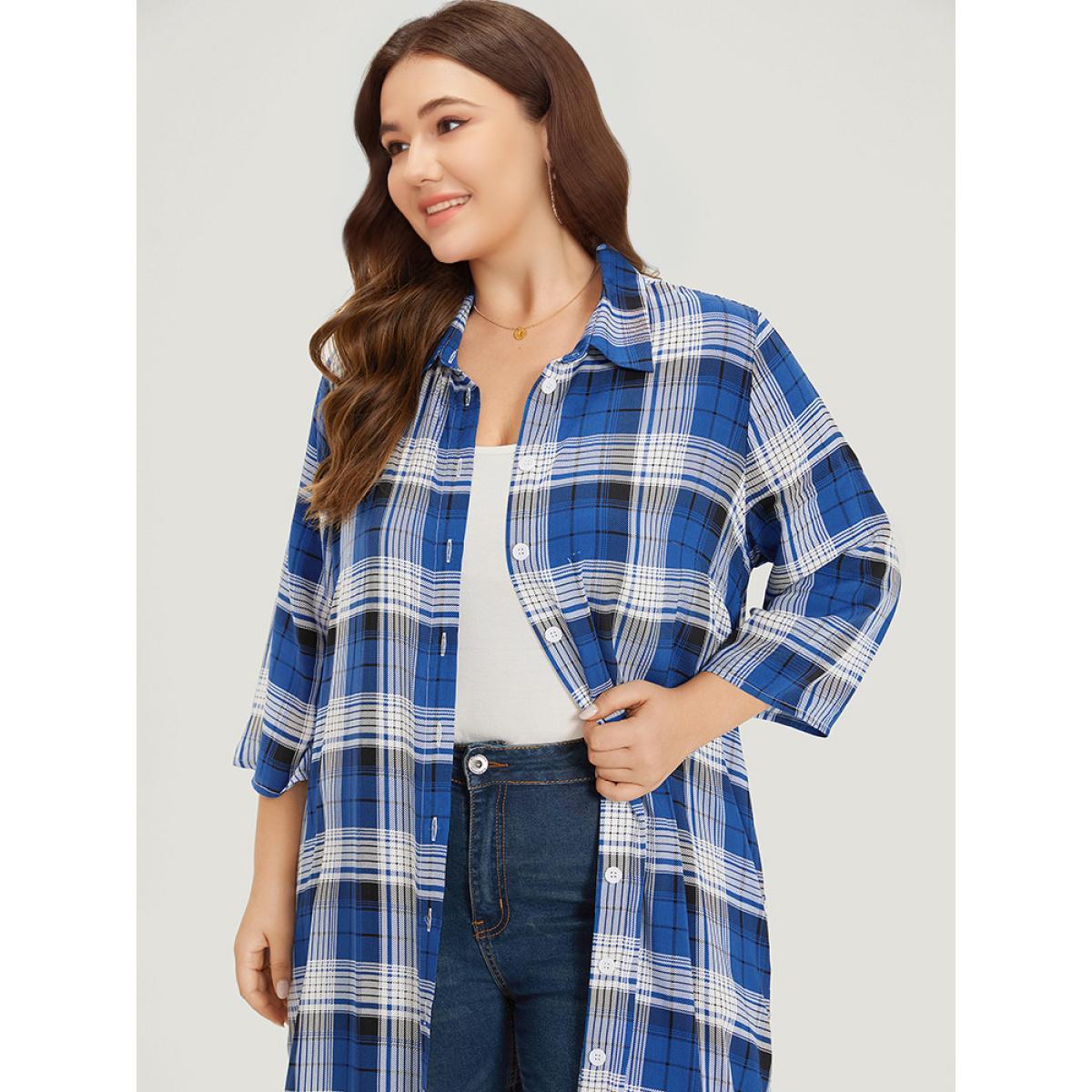 Plus Size Plaid Shirt Collar Pocket Button Through Kimono Women Indigo Casual Button Loose Pocket Dailywear Kimonos BloomChic 30/6X Product Image