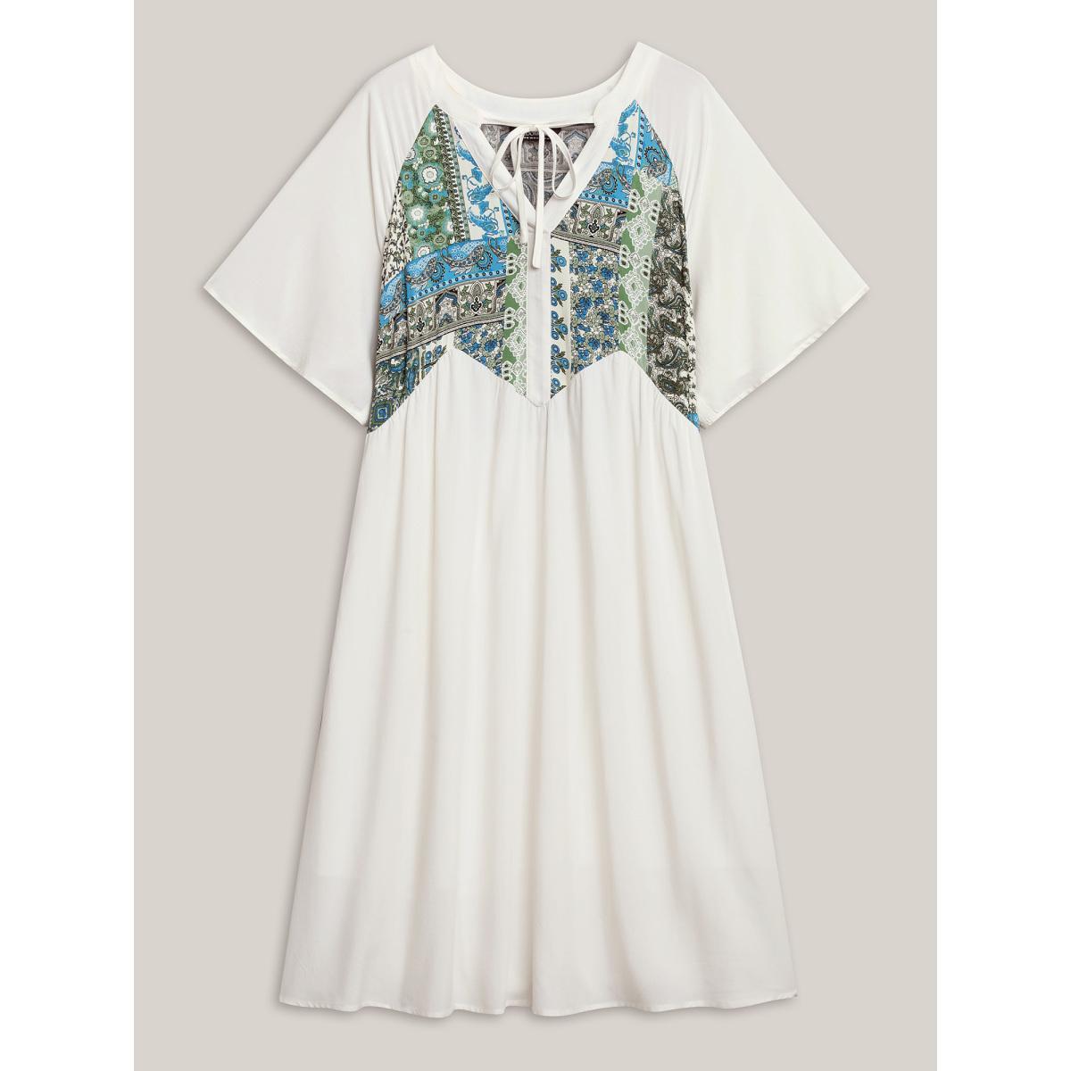 Plus Size Rayon Boho Print Asymmetrical Waist Midi Dress Skyblue Women Flat collar with V-notch Sleeveless Curvy BloomChic 14-16/1X Product Image