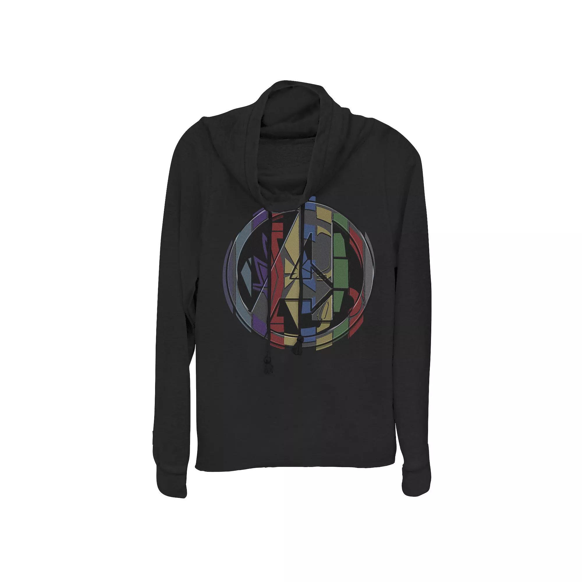 Juniors' Marvel Avengers Endgame Avenger Hero Symbol Colorful Mashup Cowlneck Graphic Lightweight Long Sleeve, Girl's, Size: XS, Black Product Image
