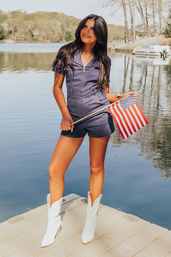 Stay Sophisticated Denim Romper In Navy Product Image