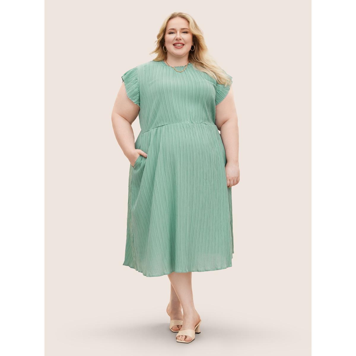 Plus Size Plain Cap Sleeve Ruffles Trim Mock Neck Pocket Dress Mint Women Elegant Pocket Round Neck Short sleeve Curvy Midi Dress BloomChic 22-24/3X Product Image