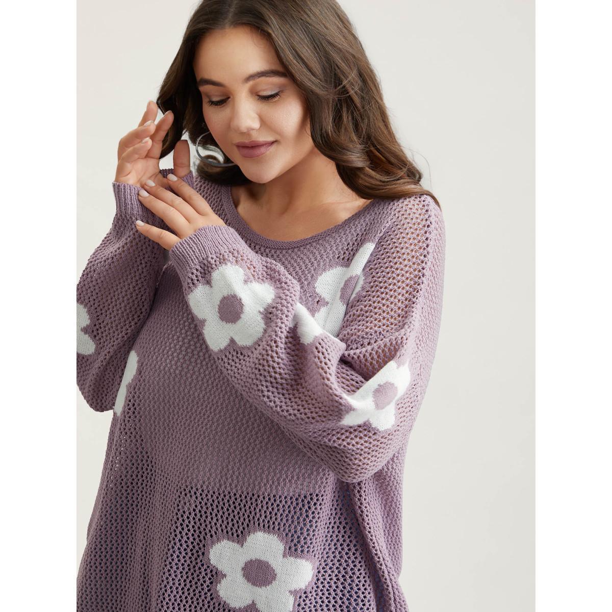 Plus Size Floral Jacquard Cut-Out Ribbed Pullover Mauve Women Beach Loose Long Sleeve Round Neck Vacation Pullovers BloomChic 28/5X Product Image