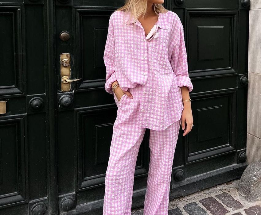 Set: Long-Sleeve Gingham Button-Up Shirt + High Rise Wide Leg Pants Product Image