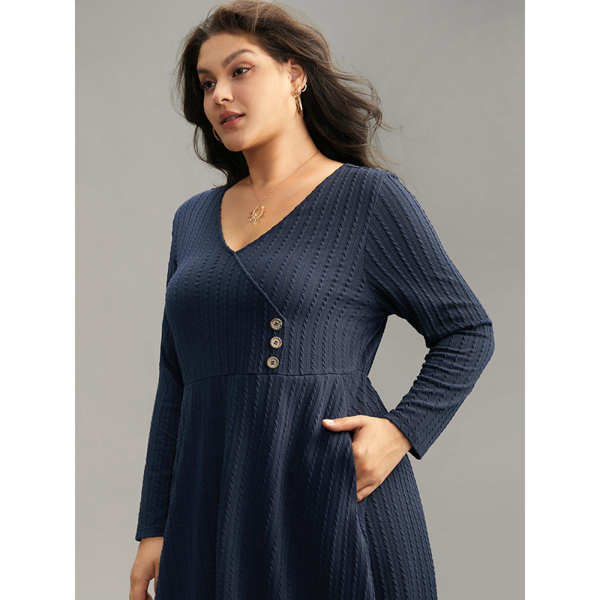 Plus Size Solid Appliques Button Detail Elastic Waist Dress Midnight Women Casual Texture Deep V-neck Long Sleeve Curvy Midi Dress BloomChic 22-24/3X Product Image