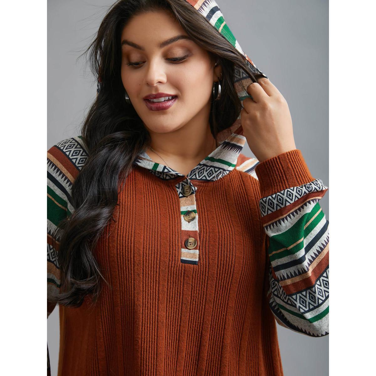 Plus Size Striped Spliced Pocket Hooded T-Shirt Rust Women Casual Texture Hooded Everyday T-shirts BloomChic 12/L Product Image