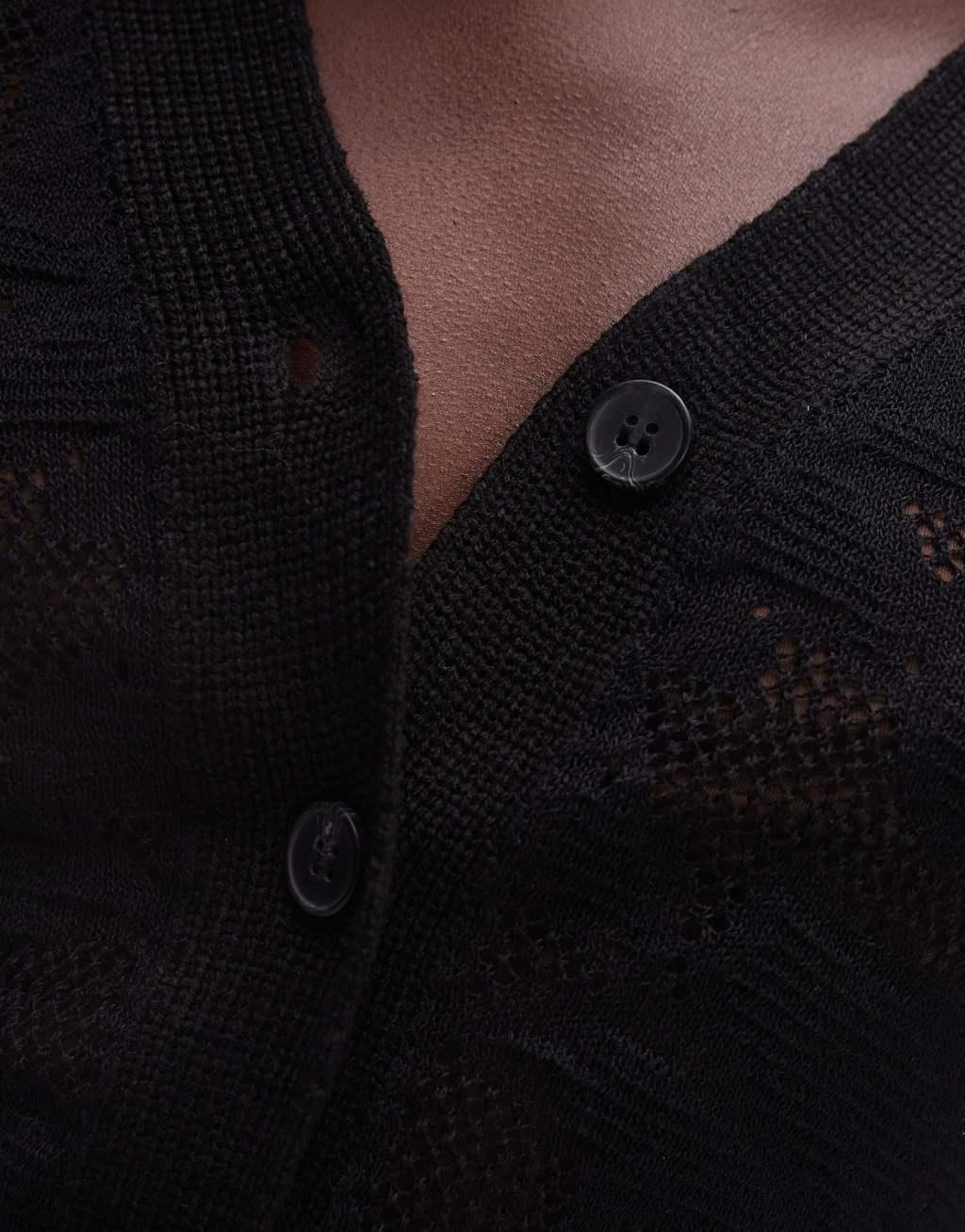 Topshop knitted floral pointelle sheer cardi in black  Product Image