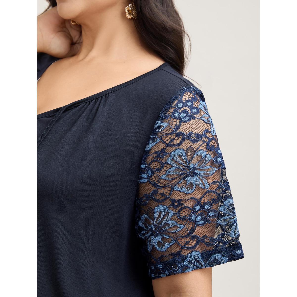 Plus Size Dual-Tone Lace Neck Tie Relaxed T-Shirt Indigo Women Elegant Tie knot V-neck Loose Everyday T-shirts BloomChic 10/M Product Image