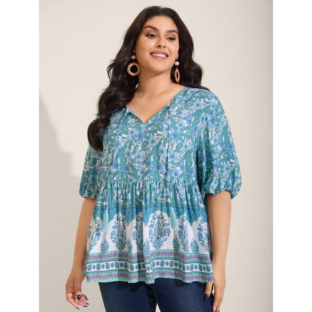Plus Size Turquoise Boho Floral Print Color Contrast Blouse Women Elbow-length sleeve V-neck Vacation Blouses BloomChic 28/5X Product Image
