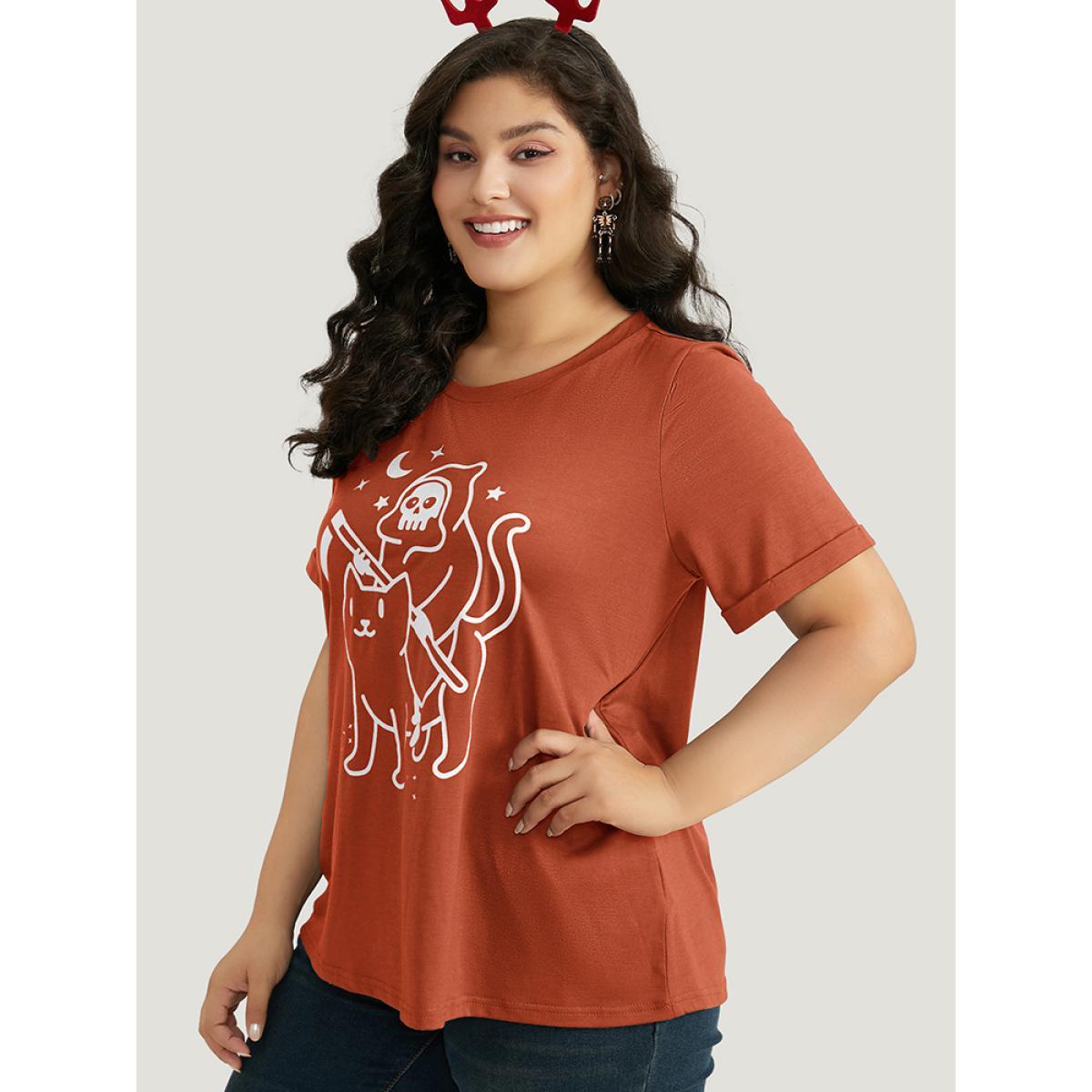 Plus Size Halloween Graphic Cuffed Sleeve T-shirt Chocolate Women Casual Printed Halloween Festival-Halloween T-shirts BloomChic 14-16/1X Product Image