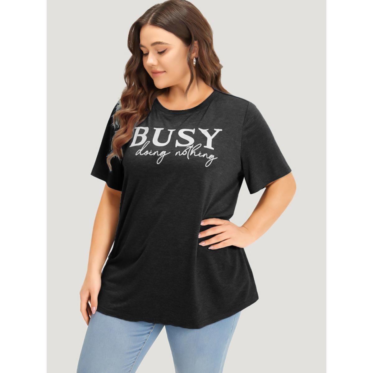 Plus Size Letter Print Crew Neck T-shirt Black Women Casual Plain Letter Dailywear T-shirts BloomChic 10/M Product Image