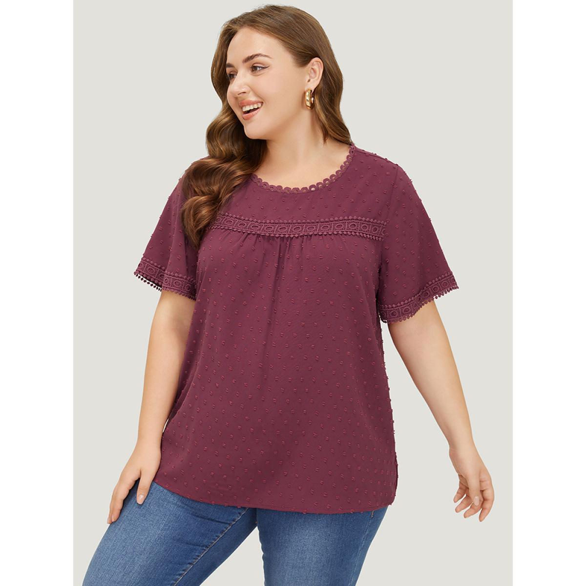 Plus Size RedViolet Polka Dot Gathered Lace Blouse Women Elegant Short sleeve Round Neck Dailywear Blouses BloomChic 26/4X Product Image