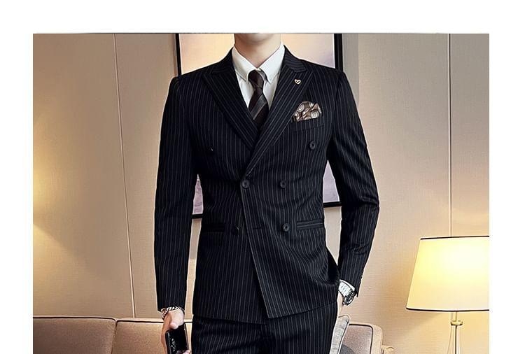 Set: Peak Lapel Striped Double-Breasted Blazer + Mid Rise Cropped Straight Leg Dress Pants + V-Neck Vest Product Image