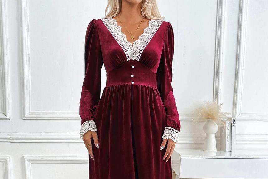 Velvet Long Sleeve V-Neck Lace Trim A-Line Midi Dress Product Image
