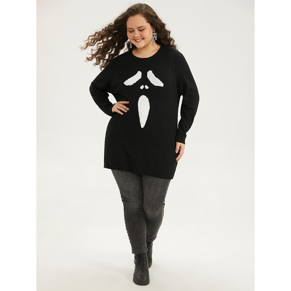 Plus Size Supersoft Essentials Halloween Ghost Face Print Pullover Black Women Casual Loose Long Sleeve Round Neck Festival-Halloween Pullovers BloomChic 22-24/3X Product Image
