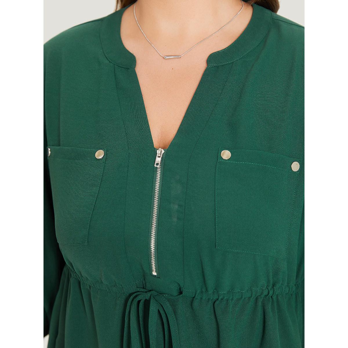 Plus Size Plain Drawstring Pocket Zipper Notched Gathered Tab Sleeve Dress Green Women Office Zipper Notched collar Half Sleeve Curvy Knee Dress BloomChic 22-24/3X Product Image
