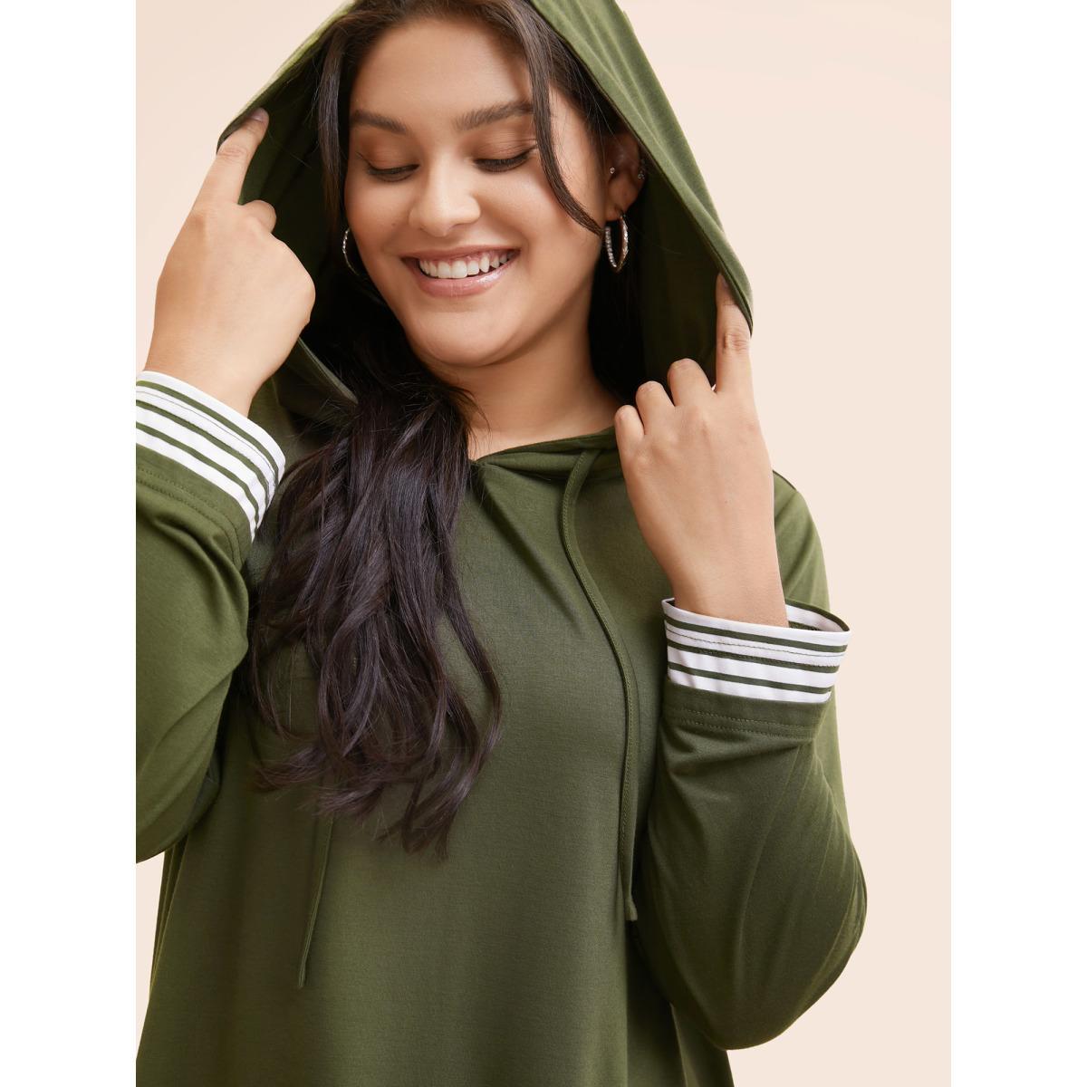 Plus Size Striped Patchwork Hooded Drawstring T-shirt ArmyGreen Women Casual Patchwork Striped Hooded Dailywear T-shirts BloomChic 26/4X Product Image