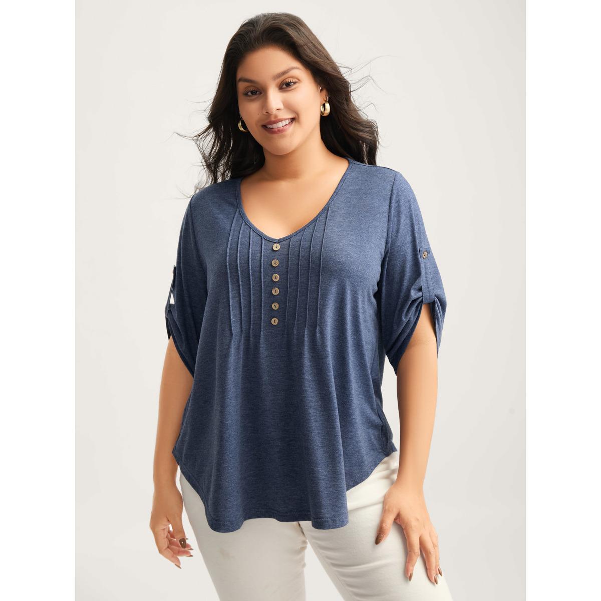 Plus Size Supersoft Tab Sleeve Placket T-Shirt Stone Women V-neck Everyday-Casual T-shirts BloomChic 22-24/3X Product Image