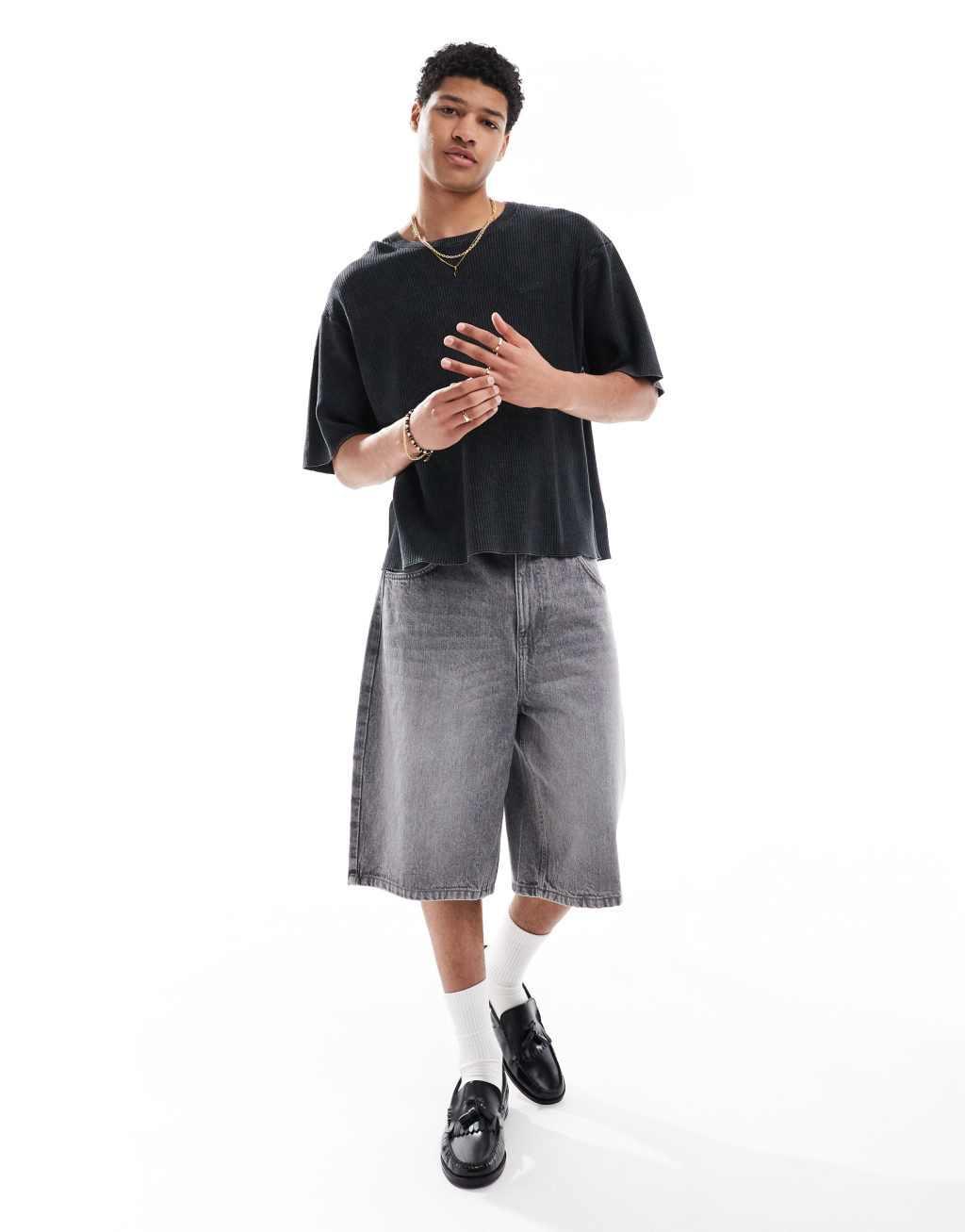 Pull&Bear STWD waffle texture oversized t-shirt in washed gray Product Image