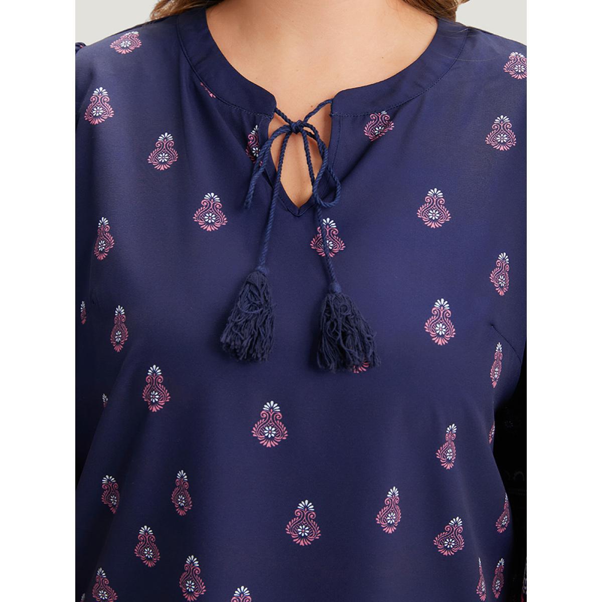 Plus Size Indigo Boho Print Tie Neck Tassel Trim Blouse Women Vacation Elbow-length sleeve V-neck Vacation Blouses BloomChic 18-20/2X Product Image