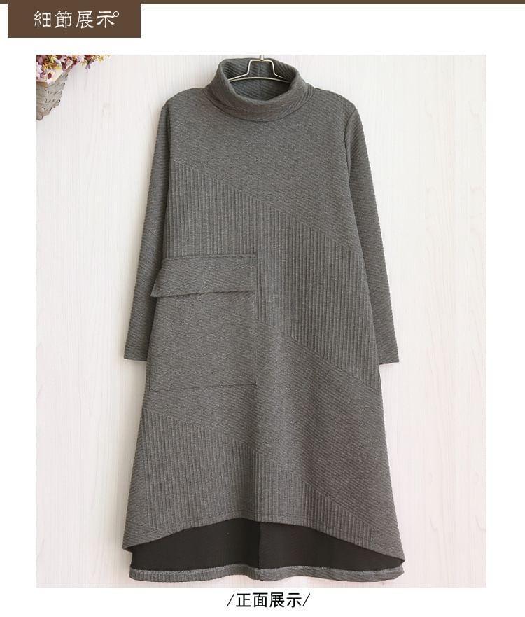 Long-Sleeve Turtleneck Plain Asymmetrical Midi Tunic Dress Product Image