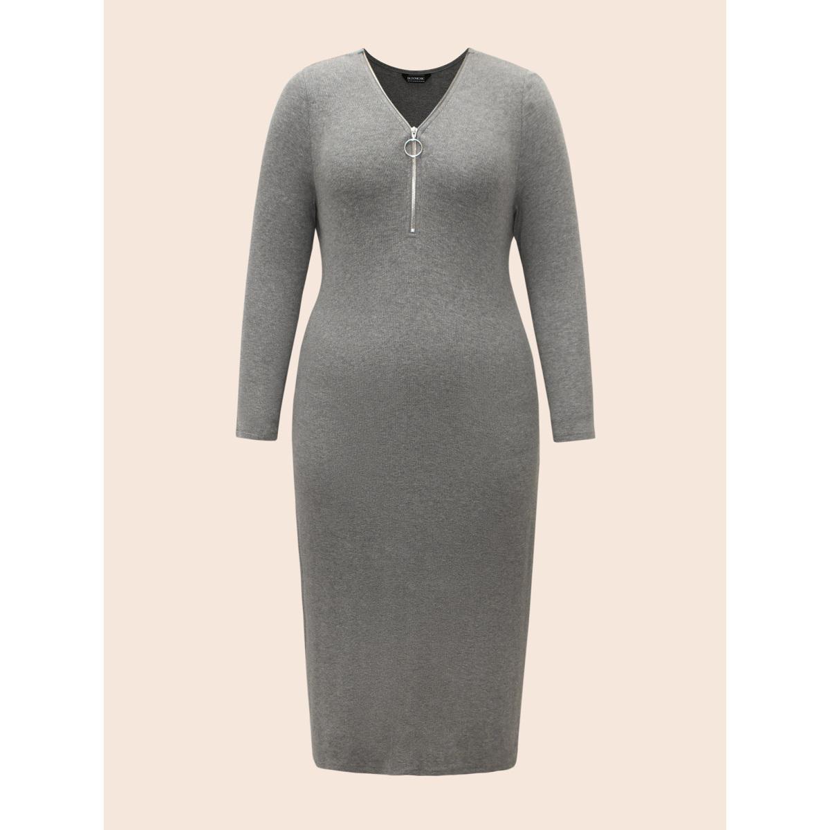 Plus Size Solid Knit Zipper Midi Dress DarkGray Women Casual Texture Knit Dresses Bloomchic 22-24/3X Product Image
