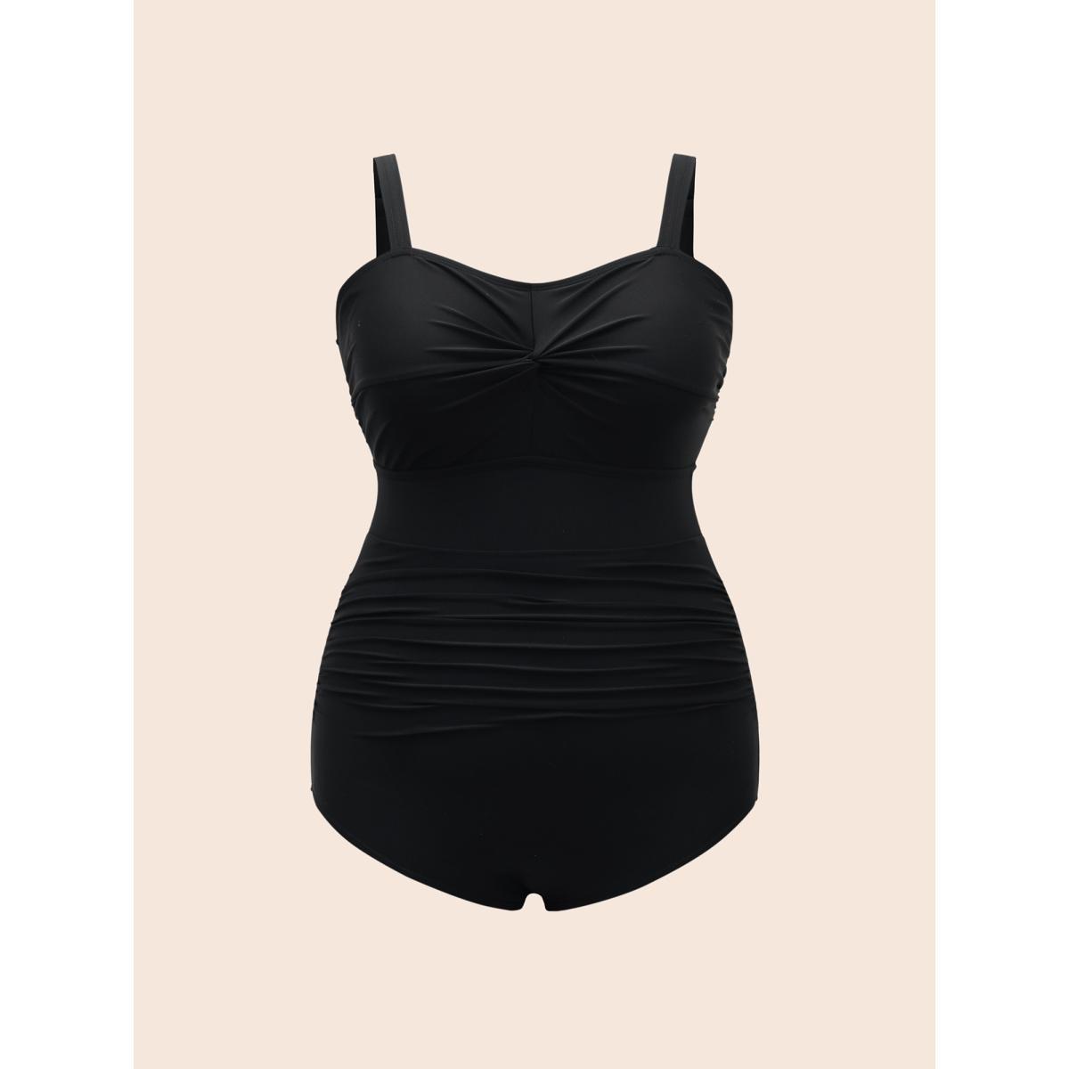Plus Size Ruched Front Layered 2-in-1 Asymmetrical Hem Swim Dress Women's Swimwear Black Beach Bodycon Heart neckline High stretch Curve Swim Dresses BloomChic 18-20/2X Product Image