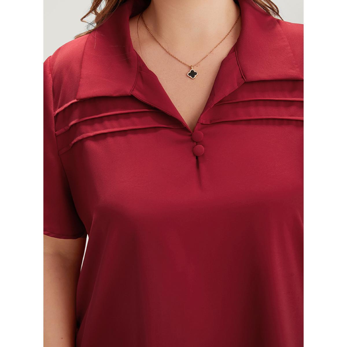 Plus Size Scarlet Plain Shirt Collar Button Detail Pleated Blouse Women Office Short sleeve Shirt collar Work Blouses BloomChic 30/6X Product Image