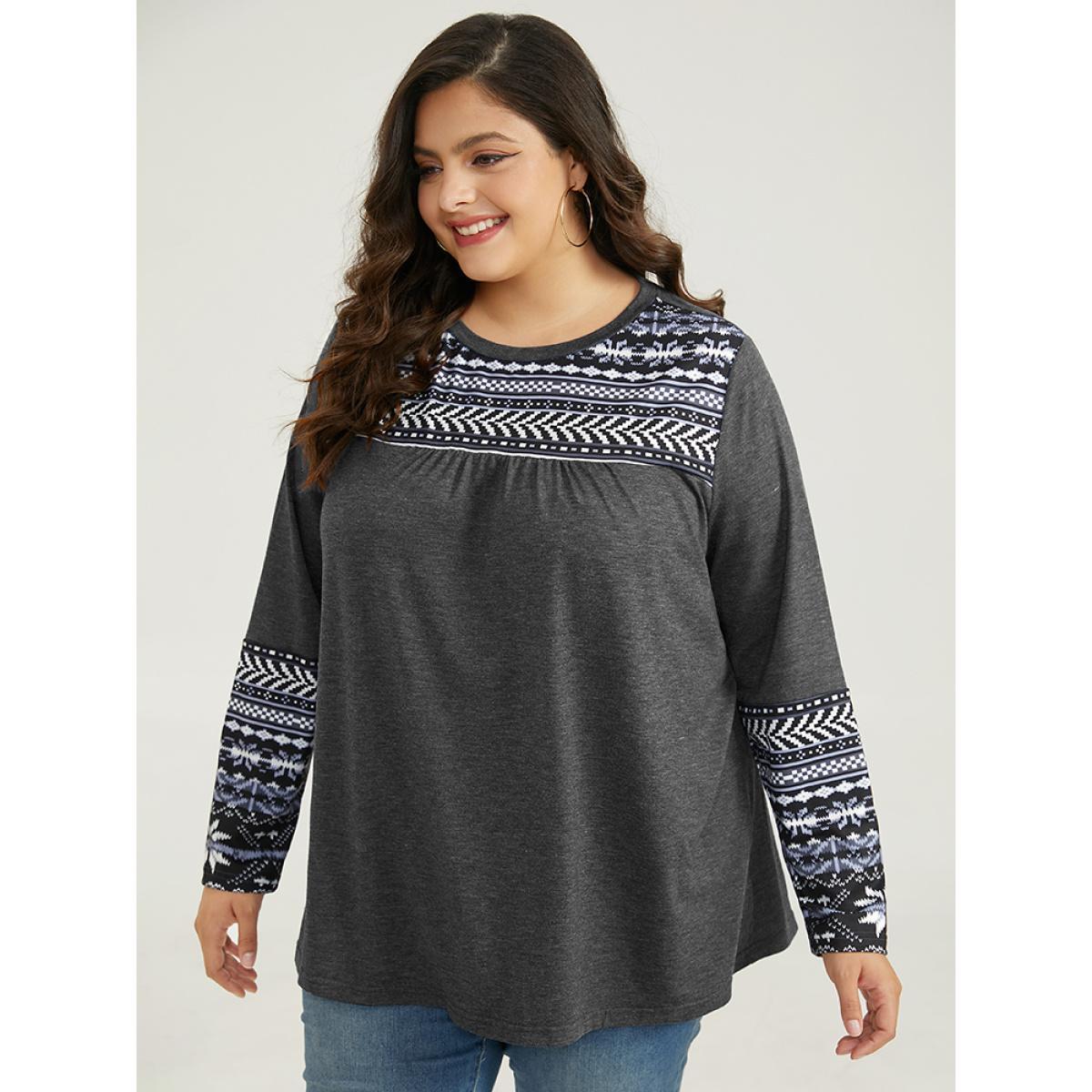 Plus Size Boho Print Round Neck Gathered T-shirt Gray Women Casual Patchwork Bohemian Print Round Neck Dailywear T-shirts BloomChic 22-24/3X Product Image
