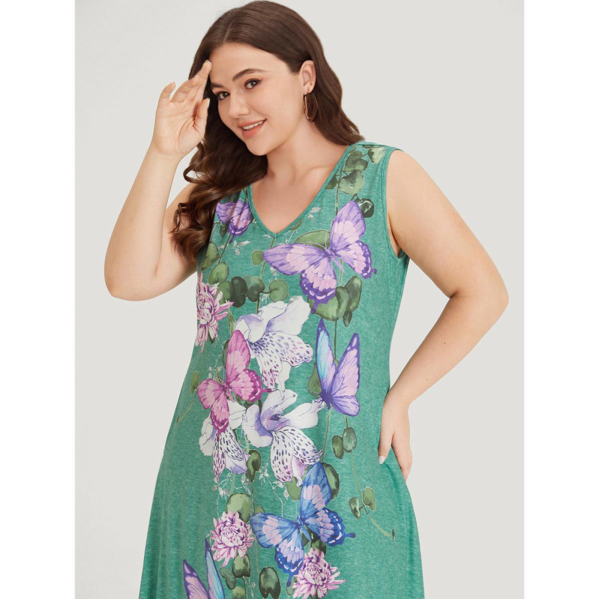 Plus Size Floral & Butterfly Print V Neck Pocket Tank Dress Mint Women Casual Printed V-neck Sleeveless Curvy Midi Dress BloomChic 14-16/1X Product Image