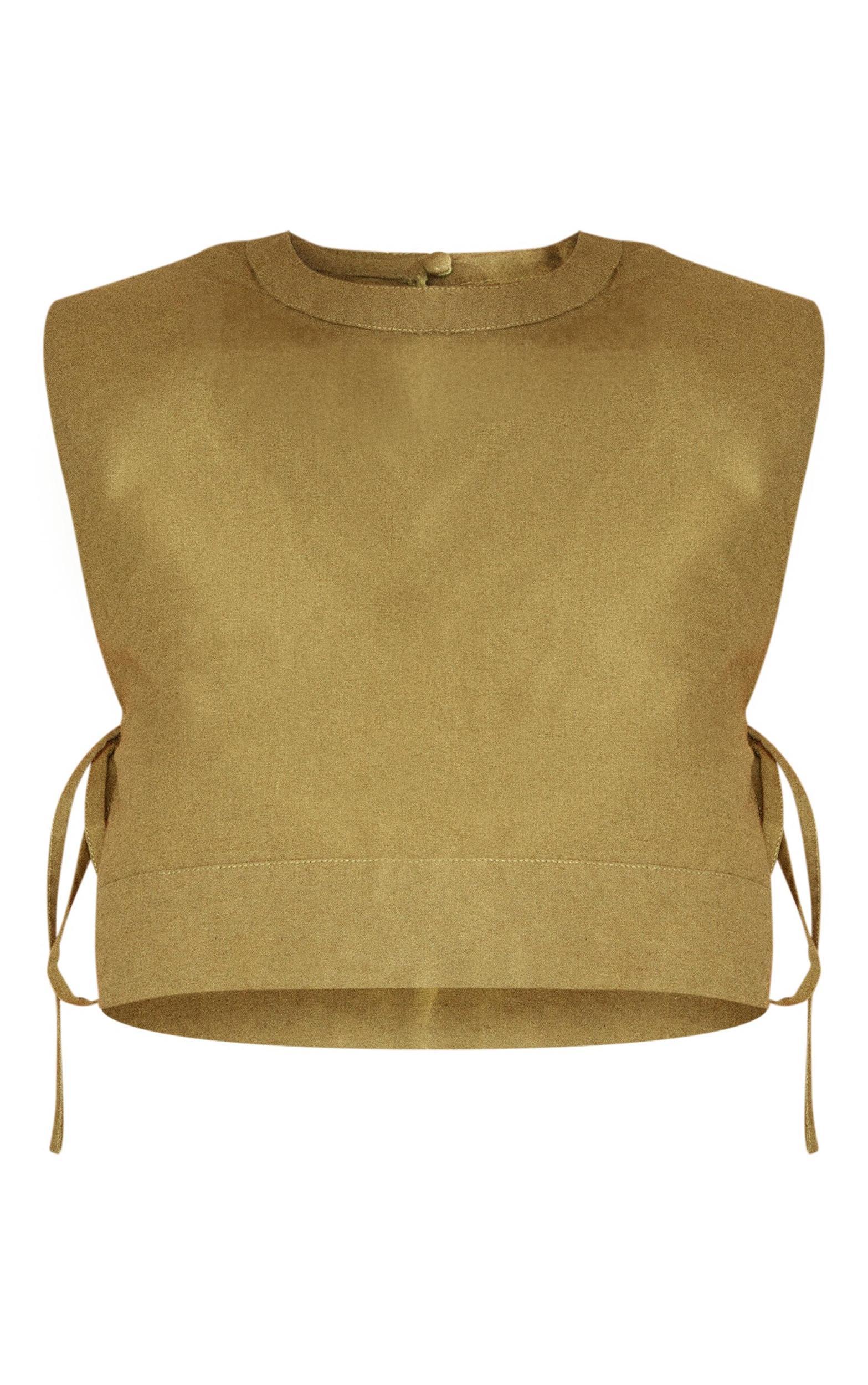 Khaki Linen Look Shoulder Pad Tie Side Top Product Image