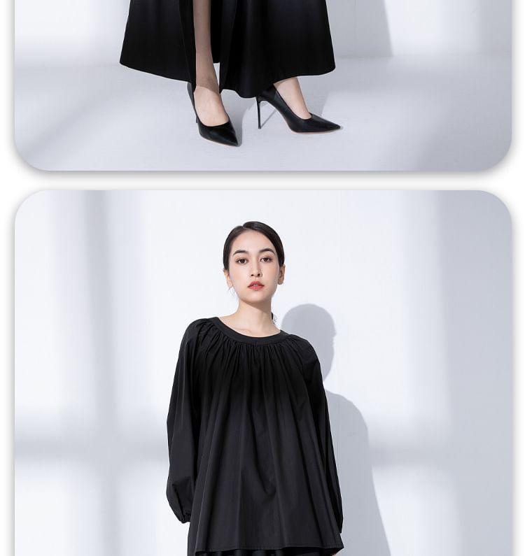 Long-Sleeve Round Neck Plain Ruched Tie Back Oversized Blouse Product Image
