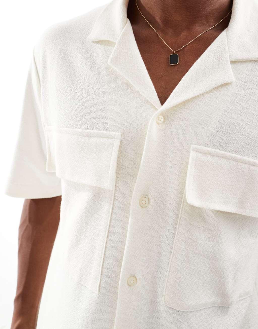 Jack & Jones Premium oversized textured shirt with utility pockets in ecru  Product Image
