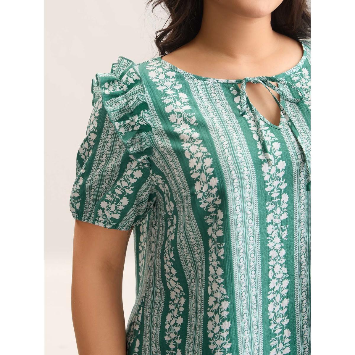 Plus Size Teal Floral Print Ruffled Detail Sleeve Blouse Women Short sleeve Flat collar with V-notch Everyday-Elegant Blouses BloomChic 10/M Product Image