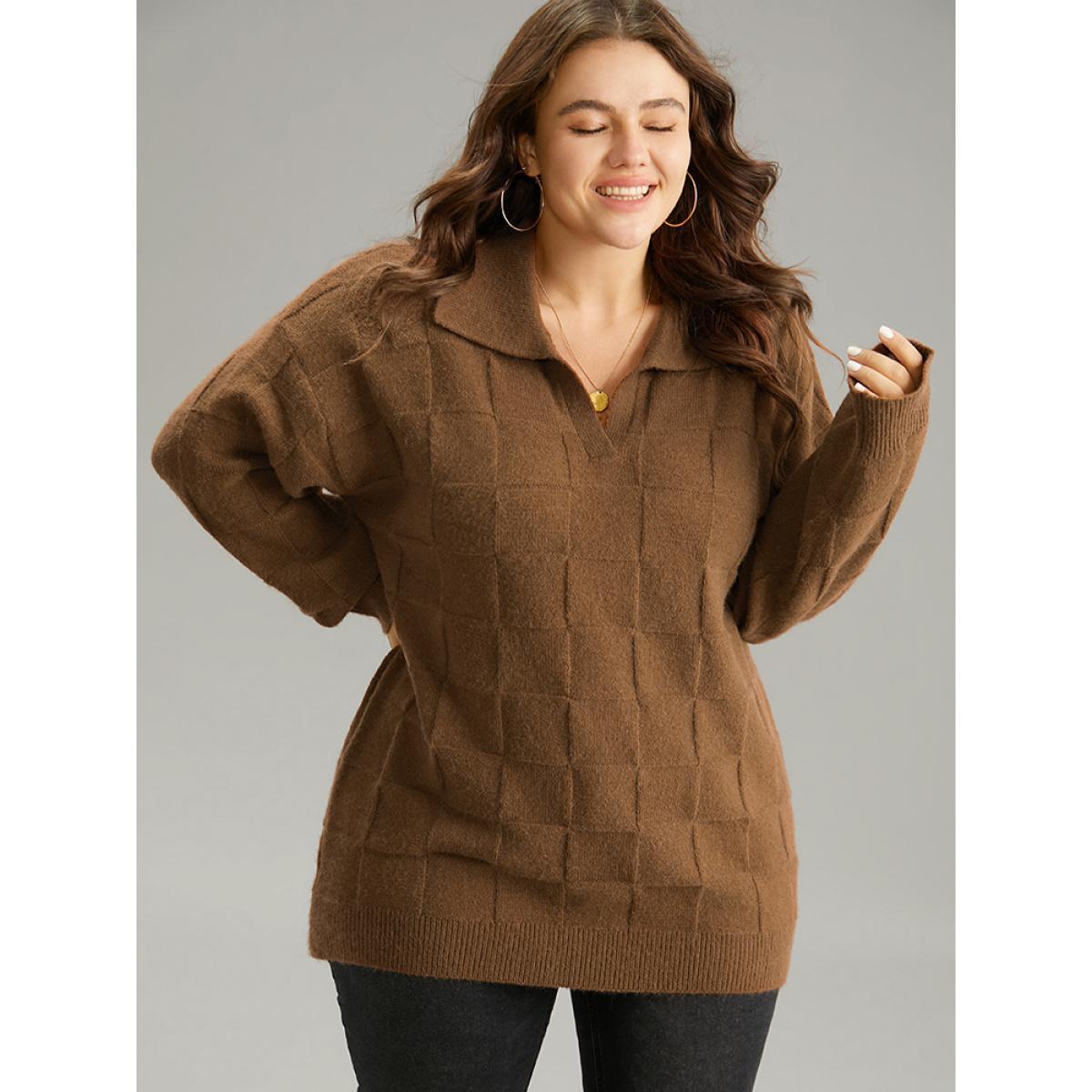 Plus Size Anti-Pilling Plisse Lapel Collar Pullover DarkBrown Women Casual Loose Long Sleeve Lapel Collar Dailywear Pullovers BloomChic 28/5X Product Image