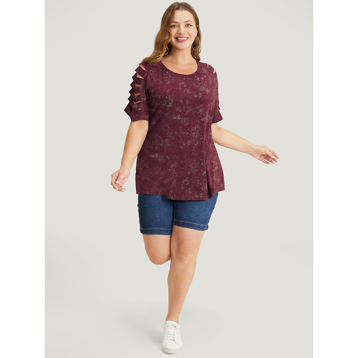 Plus Size Solid Cut Out Raglan Sleeve T-shirt Burgundy Women Casual Cut-Out Plain Round Neck Dailywear T-shirts BloomChic 12/L Product Image