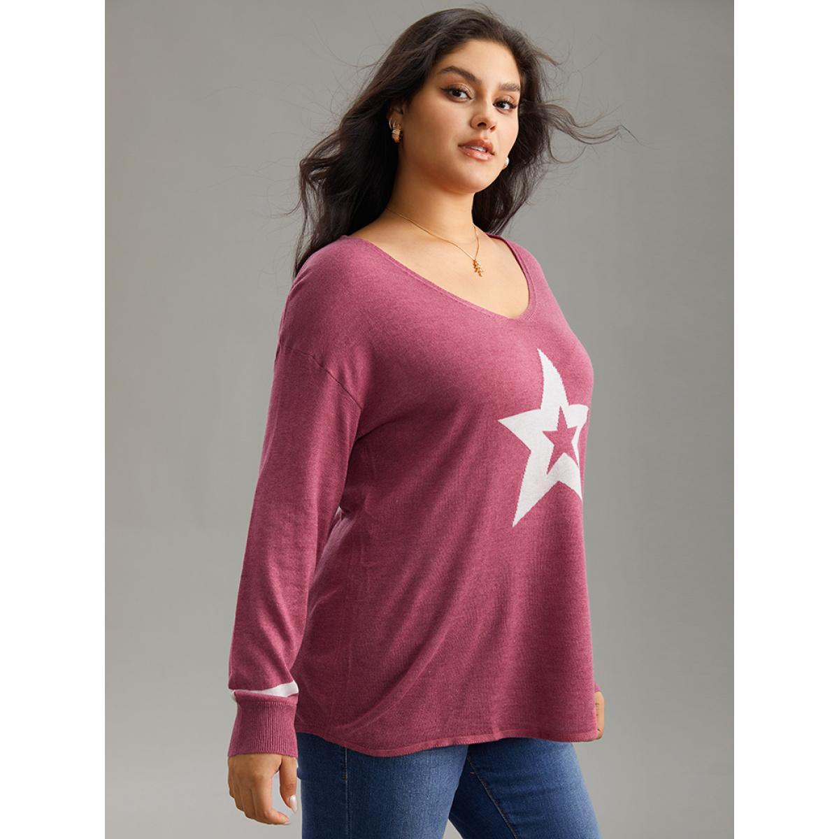 Plus Size Supersoft Essentials Star V Neck Pullover Rust Women Casual Long Sleeve V-neck Dailywear Pullovers BloomChic 18-20/2X Product Image