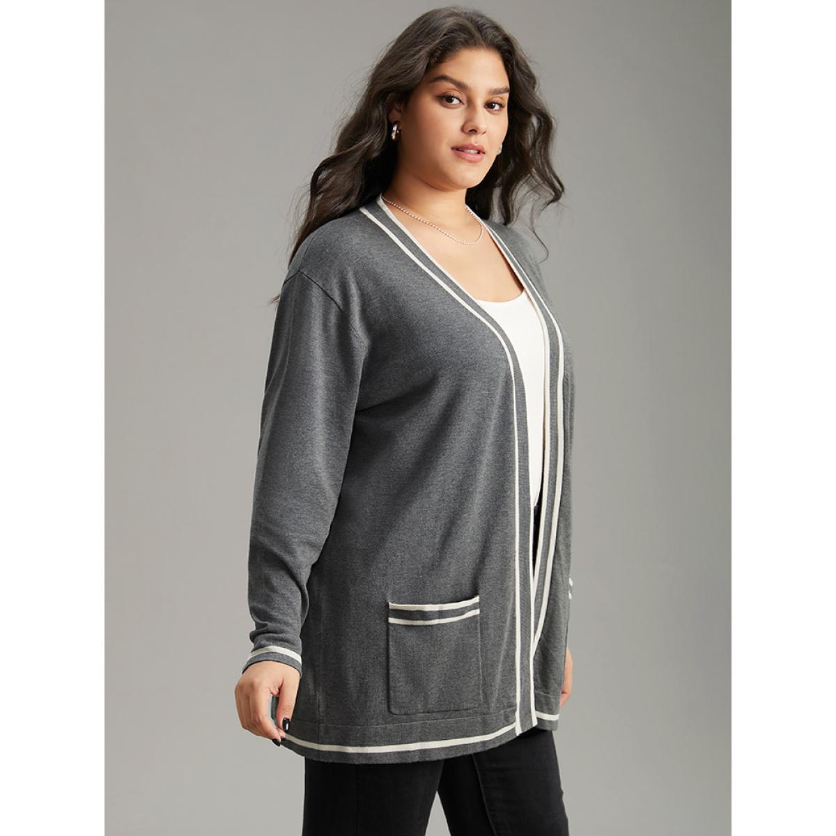 Plus Size Supersoft Essentials Striped Patchwork Pocket Open Front Cardigan Gray Women Casual Loose Long Sleeve Everyday Cardigans BloomChic 28/5X Product Image