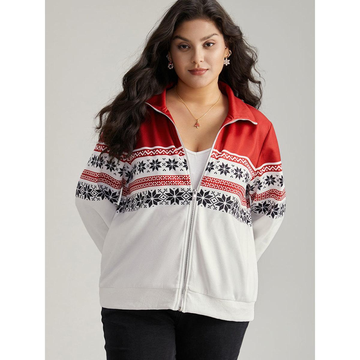 Plus Size Christmas Snowflake Zipper Contrast Jacket Women Red Contrast Dailywear Jackets BloomChic 10/M Product Image