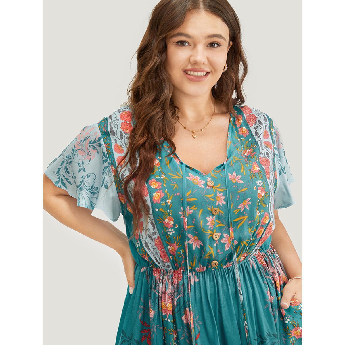 Plus Size Bandana Print Ruffle Sleeve Pocket Tie Neck Tassels Dress Emerald Women Vacation Tassels Tie Neck Short sleeve Curvy Knee Dress BloomChic 12/L Product Image