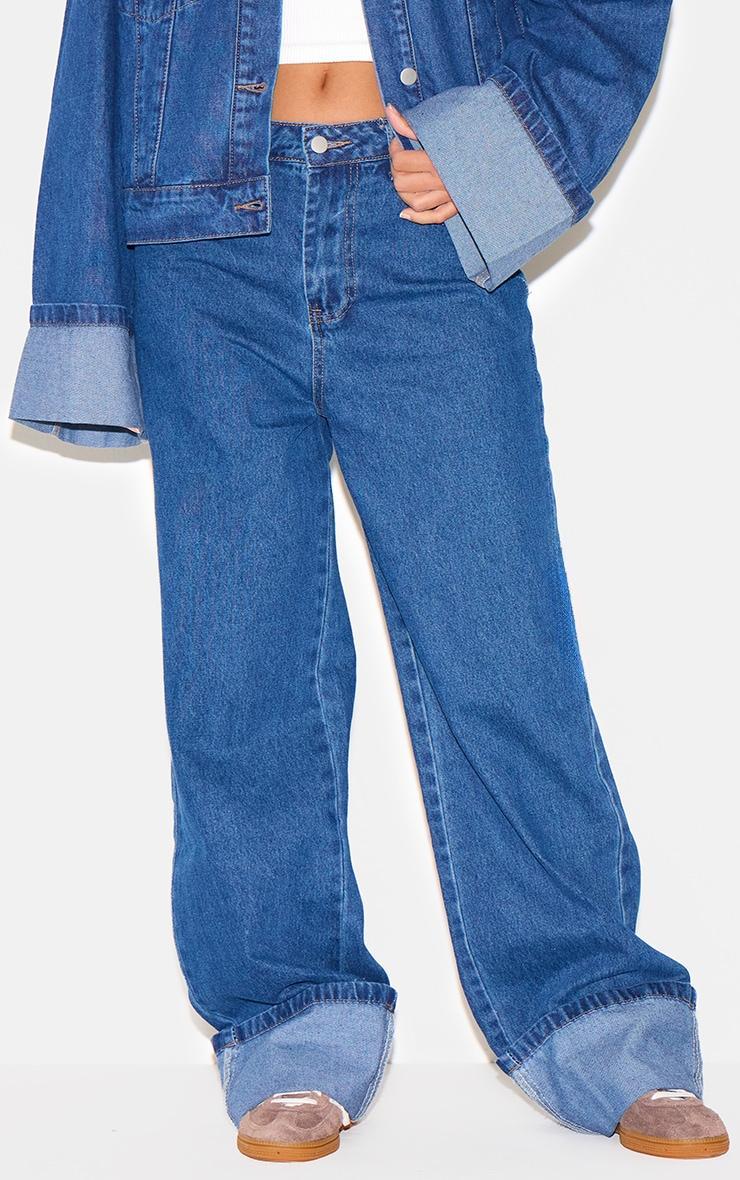 Mid Blue Wash Contrast Stitch Turn Up Hem Wide Leg Style Jeans Product Image