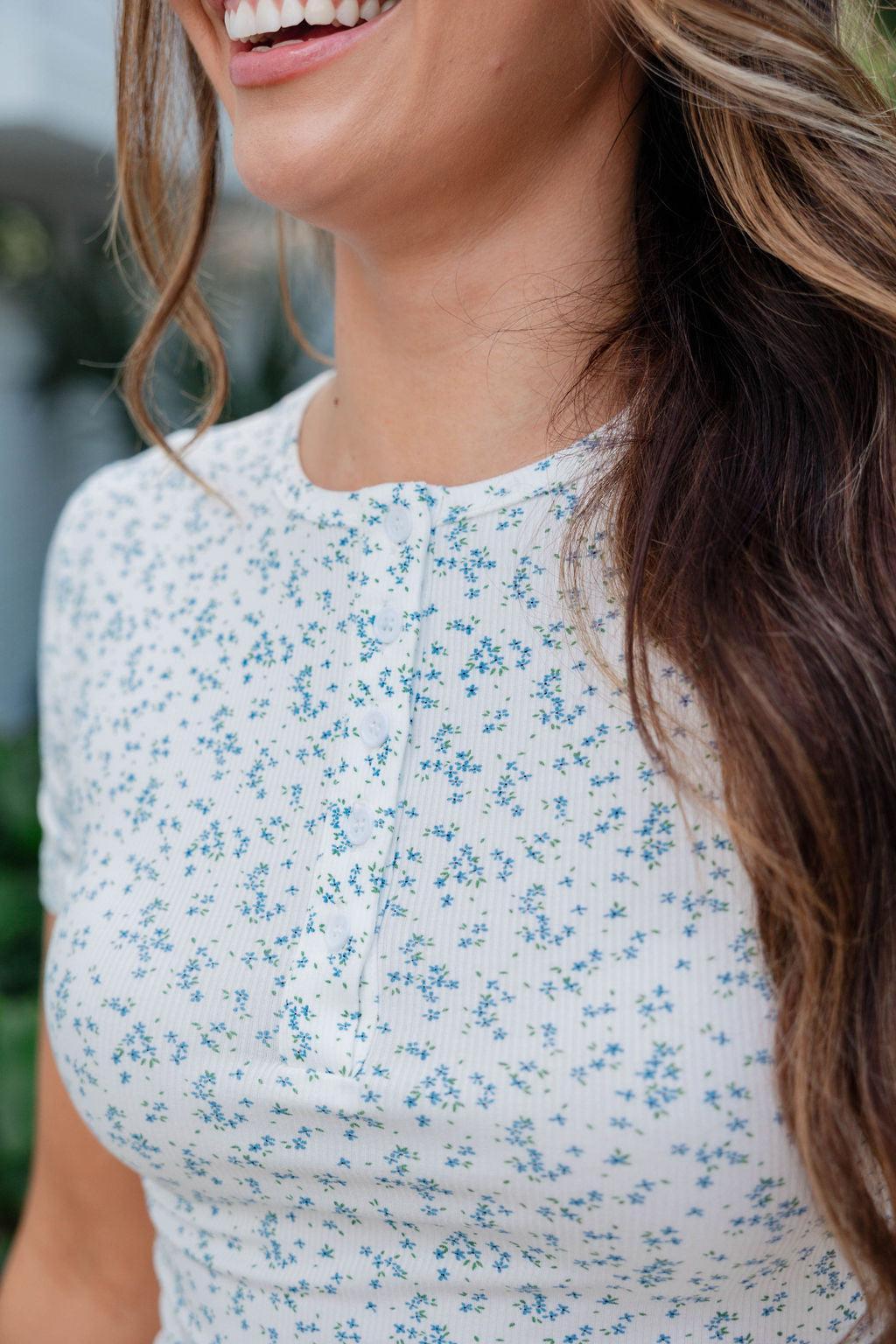 All The Better Floral Ribbed Knit Henley Short Sleeve Tee SALE Product Image