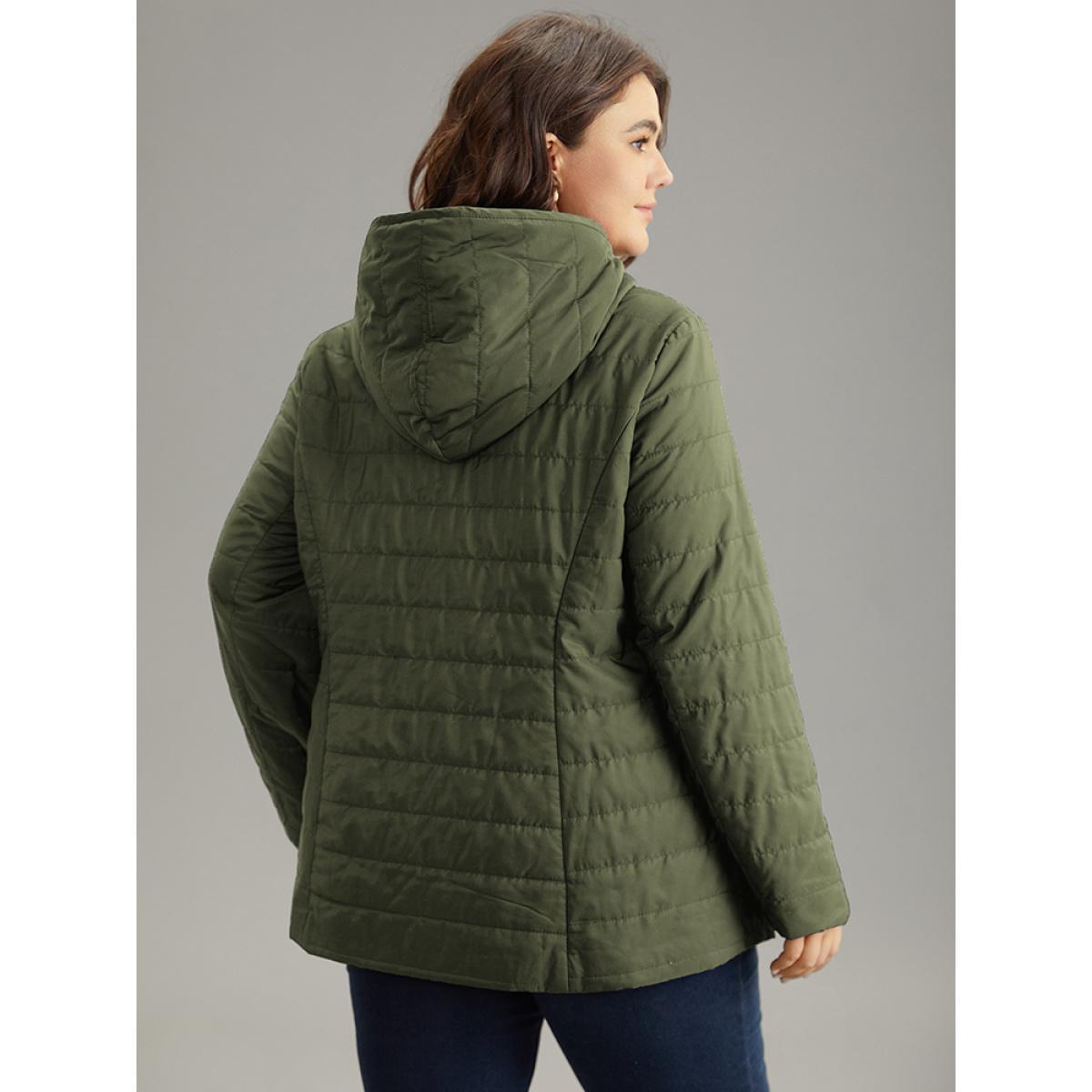 Plus Size Drawstring Patchwork PU Leather Zipper Jacket Women ArmyGreen Casual Lined Ladies Everyday Winter Coats BloomChic 28/5X Product Image