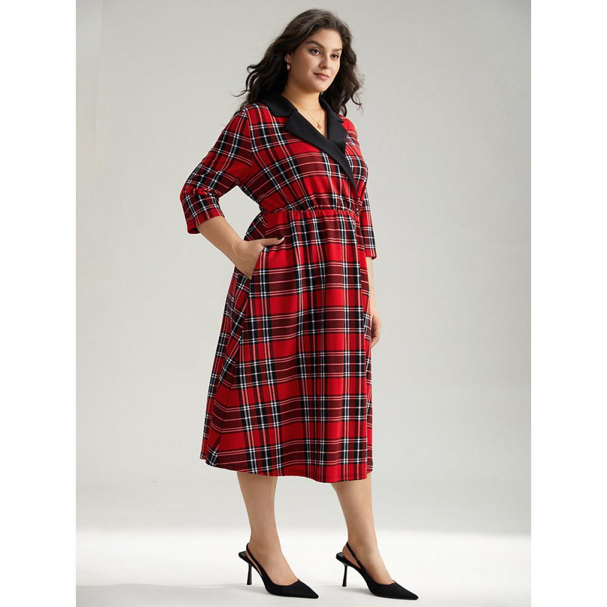 Plus Size Christmas Plaid Suit Collar Elastic Waist Dress Red Women Office Printed Suit Collar Elbow-length sleeve Curvy Midi Dress BloomChic 18-20/2X Product Image